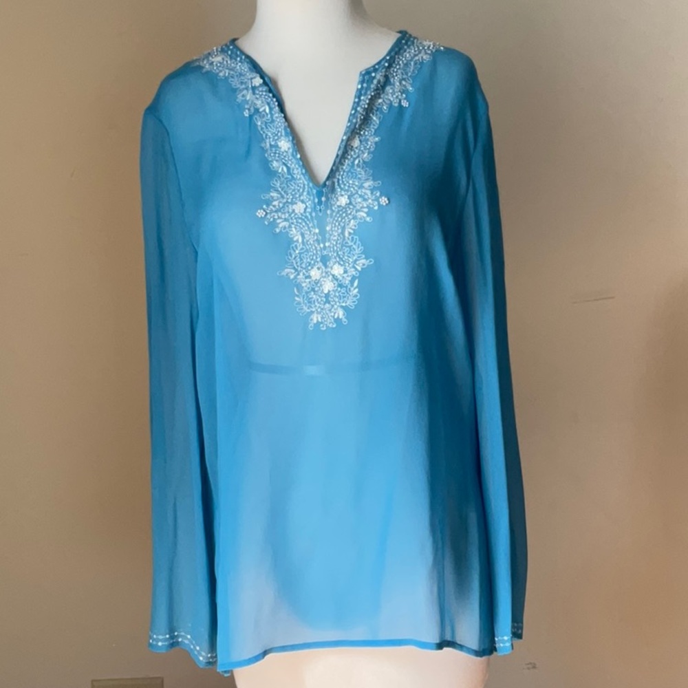 Ann Taylor Sheer Turquoise Tunic with White Embroidery Size M